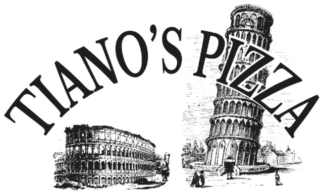 Tiano's Pizza logo with the Colosseum and the Leaning Tower of Pisa
